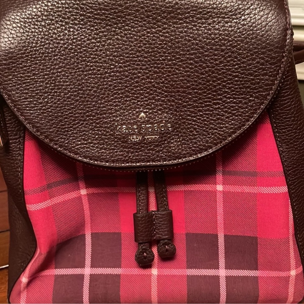 Kate Spade “Leila” Brown Leather & Pink Plaid Backpack, Lk New - Picture 2 of 13